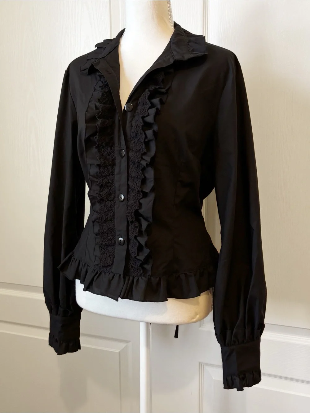 Fanplusfriend Victorian Lolita Black Ruffled High-Collar Button Down Top Large - Picture 4 of 9